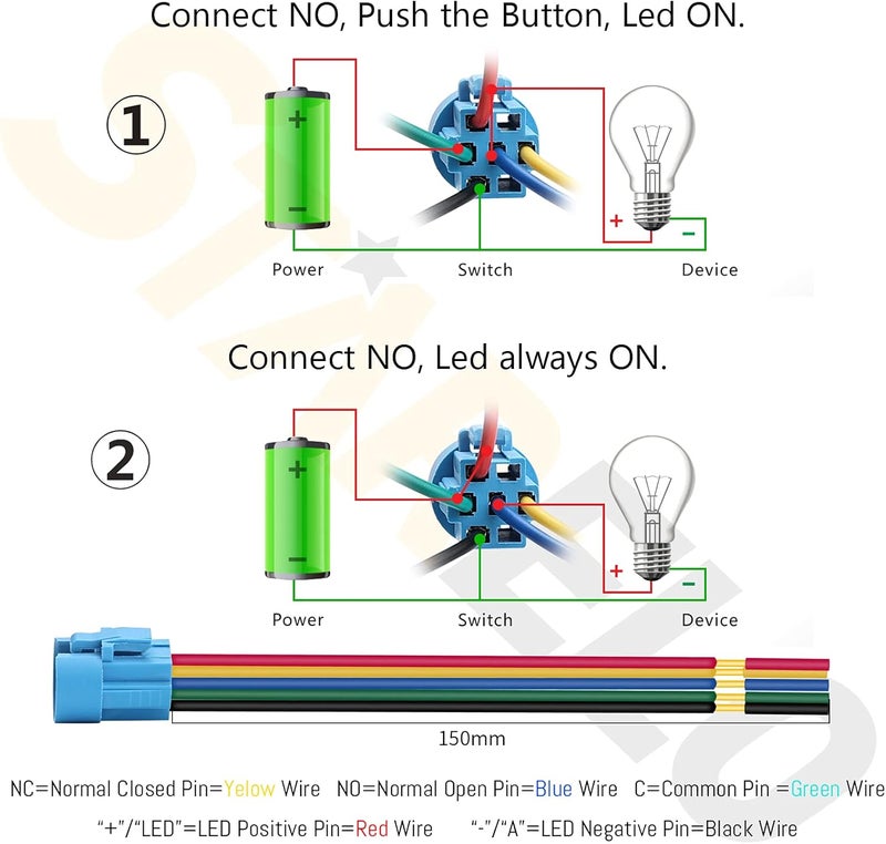 STARELO 5pcs 16mm Latching led Push Button Switch Black Shell, IP65 Waterproof Push Button Switch,1NO 1 NC with Wire Socket Plug,Self-Locking with LED(Blue). - Image 3